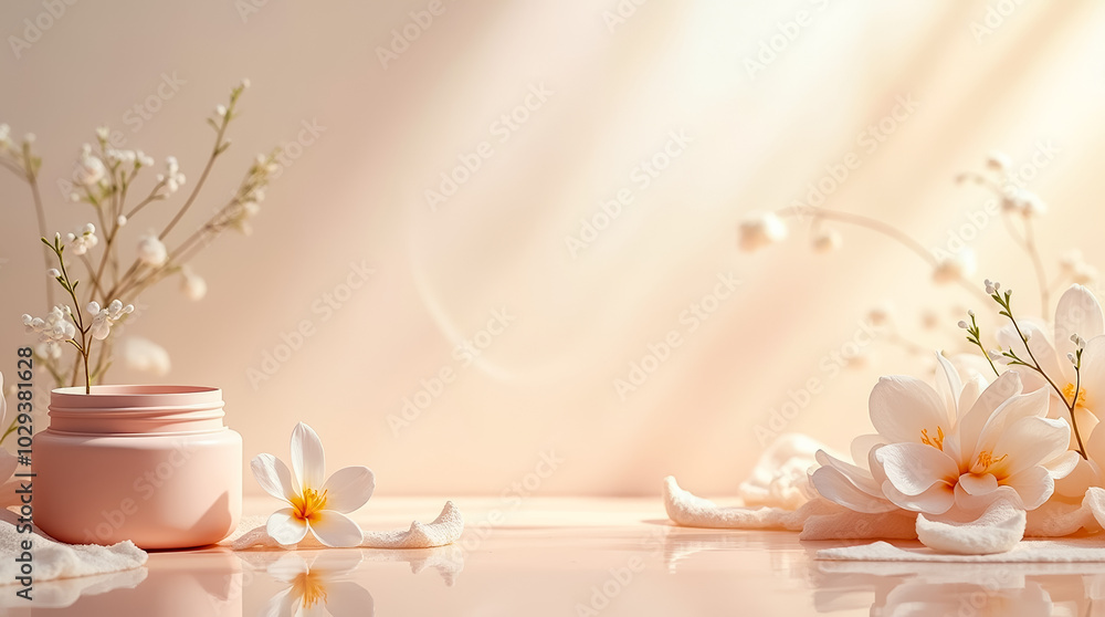 Canvas Prints A serene setting showcases a pastel cream jar surrounded by soft white flowers. Gentle sunlight enhances the tranquil atmosphere, evoking relaxation and beauty