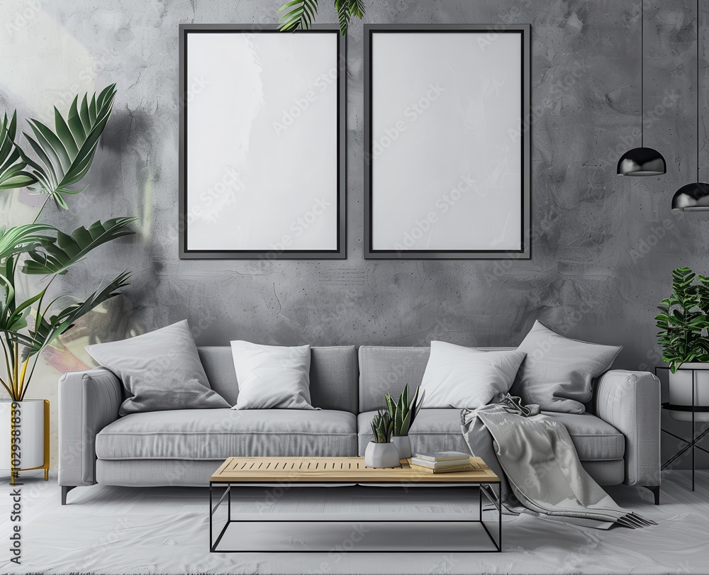 Wall mural a modern living room with a gray sofa, two blank frames, a coffee table, and plants. the room is dec