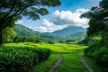 Obraz premium Serene Mountain Valley: A picturesque path winds through vibrant green rice terraces, nestled amidst lush vegetation and majestic mountains under a partly cloudy sky.
