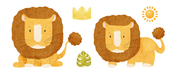 Lions, crown, Monstera leaf, sun. Baby set of Jungle leo. Isolated hand drawn watercolor illustrations of African animals. Clipart for design baby shower cards, kid's goods