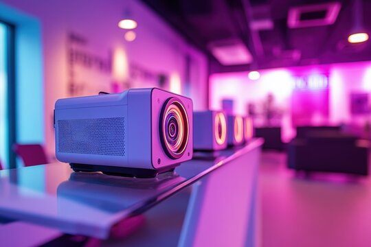modern presentation equipment, portable projectors displayed on a stylish glass shelf in a modern boardroom, surrounded by tech banners
