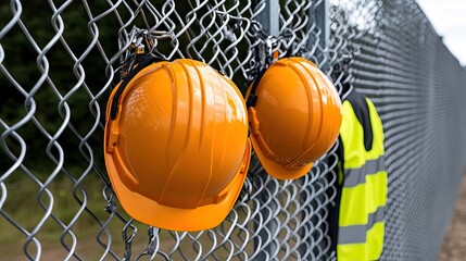 A close-up view shows two construction helmets and a safety vest hanging on a metal fence, illuminated by natural daylight, emphasizing workplace safety