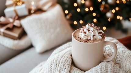 A warm mug of hot chocolate with whipped cream and sprinkles, held by cozy knitted hands, in front of a festive Christmas tree.