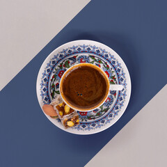 Turkish coffee and pistachio delight with color background
