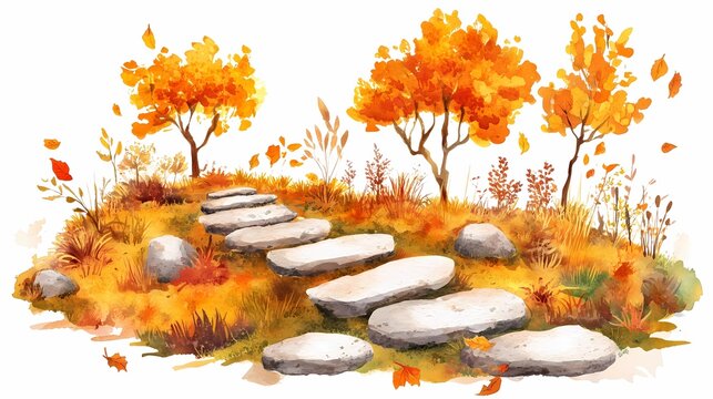 Winding trail in an autumn park, lined with vibrant fall leaves, perfect for peaceful and nostalgic seasonal stock images.