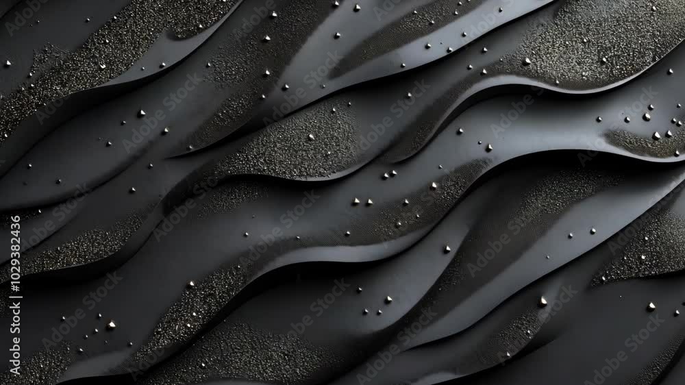 Poster a close-up of a black, textured surface with a subtle wave pattern and water droplets