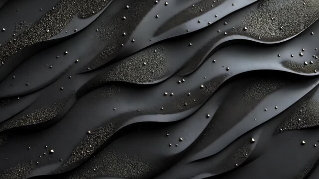 A close-up of a black, textured surface with a subtle wave pattern and water droplets
