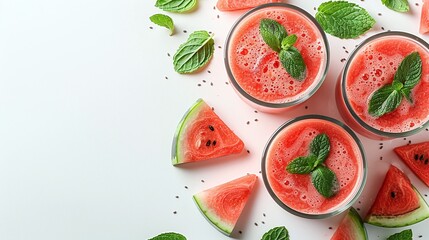 Glasses of watermelon smoothies with mint leaves, surrounded by watermelon slices, light background, refreshing summer drink, healthy eating, vegan concept, minimalistic design, copy space.

