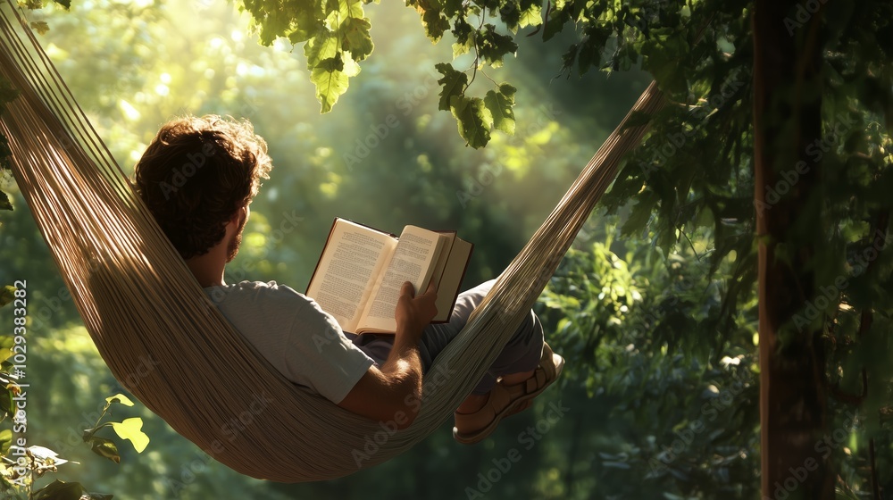 Poster relaxing in a hammock while reading a book surrounded by lush greenery on a sunny day in nature