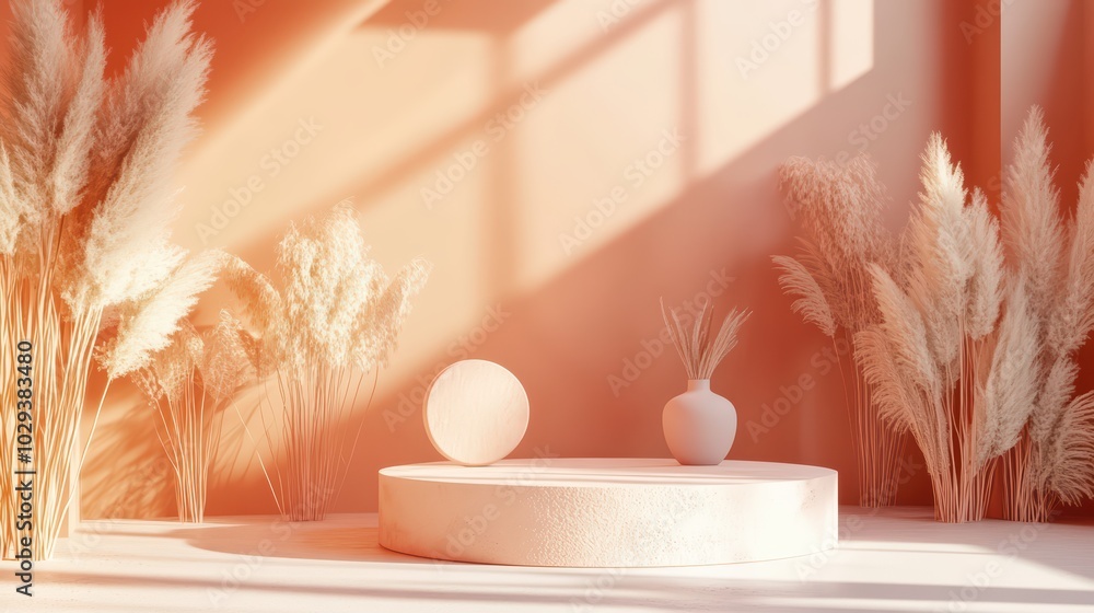 Poster elegant interior scene featuring a minimalistic display with abstract shapes and soft lighting, perf