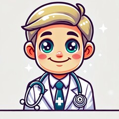 Cartoon image of a doctor with a stethoscope, on a beige background, icon, flat colours, flat colours