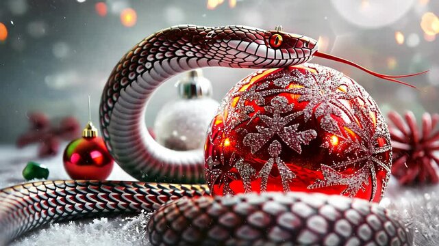 A snake is curled around a red ball with snowflakes on it