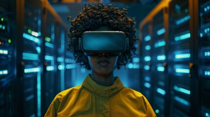 Young Black woman wearing virtual reality headset, immersed in technology, controlling simulations in high-tech server room, innovative digital operator exploring virtual environments.