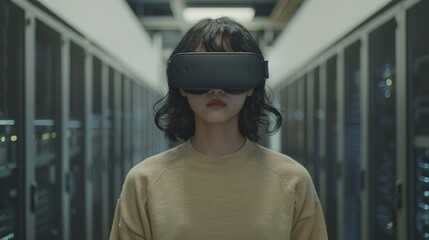 Young Asian woman wearing virtual reality headset stands confidently in server room, immersed in digital environment, controlling advanced technology, focused on virtual task.