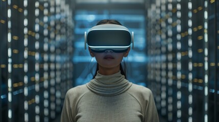 Young Asian woman wearing advanced virtual reality headset, immersed in immersive experience, stands in futuristic server room, exploring digital technology environment with focus and curiosity.