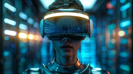 Female VR operator wearing advanced virtual reality headset in futuristic data center, focused on immersive simulation, interacting with digital environment, technology and innovation.
