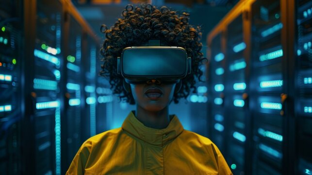 Young Black woman wearing virtual reality headset, immersed in technology, controlling simulations in high-tech server room, innovative digital operator exploring virtual environments. - Powered by Adobe