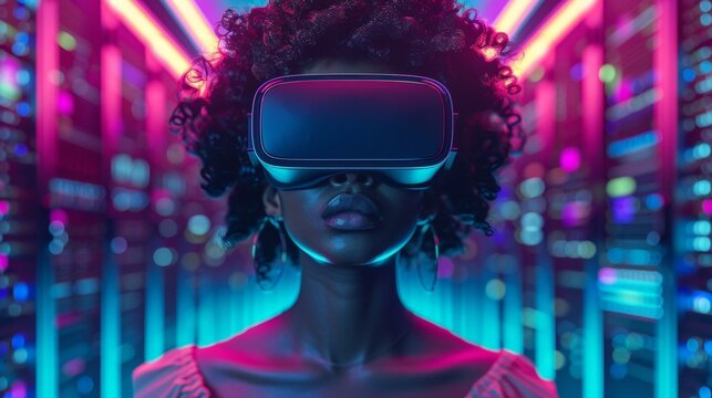 Young black woman wearing virtual reality headset, immersed in digital experience, surrounded by vibrant neon lights and technology cables, exploring immersive virtual environments.