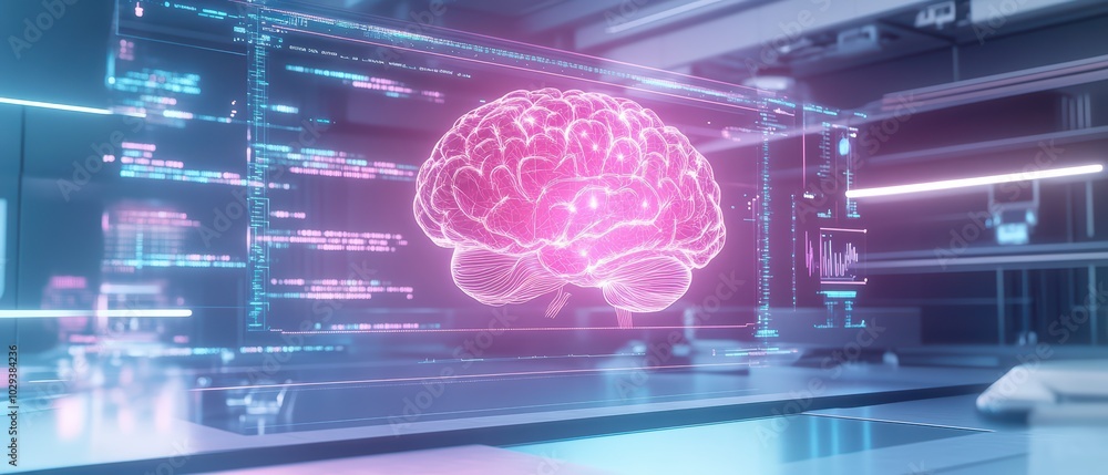 Aufkleber futuristic digital brain visualization with vibrant colors and technology interface, representing ai
