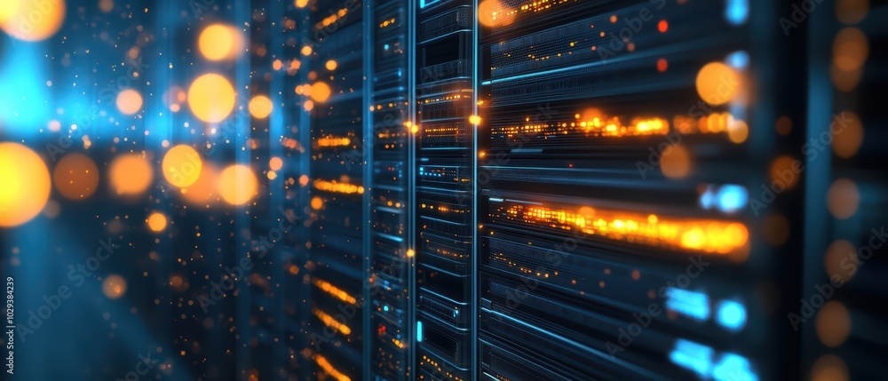 Poster futuristic data center with glowing lights and technology. ideal for concepts related to computing a