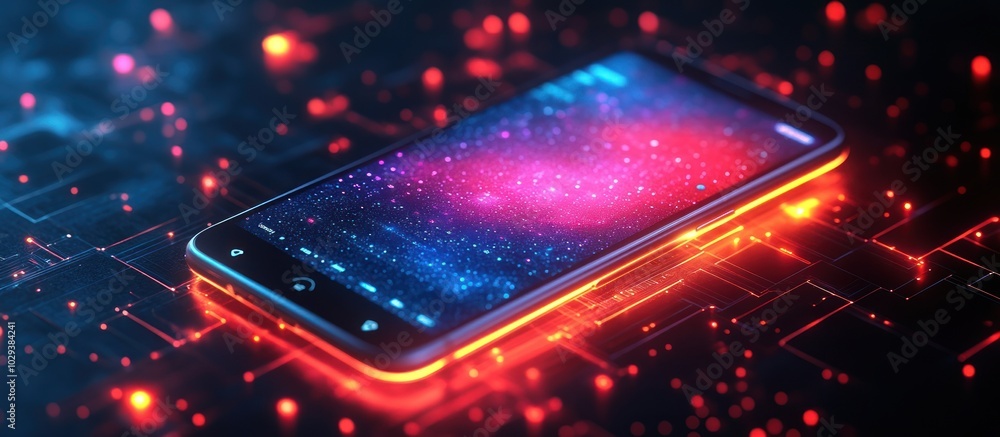 Aufkleber a glowing smartphone displaying a cosmic-themed interface on a high-tech background.