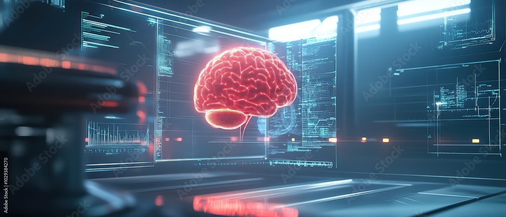 Aufkleber futuristic digital brain visualization in a sleek lab environment, showcasing advanced technology an