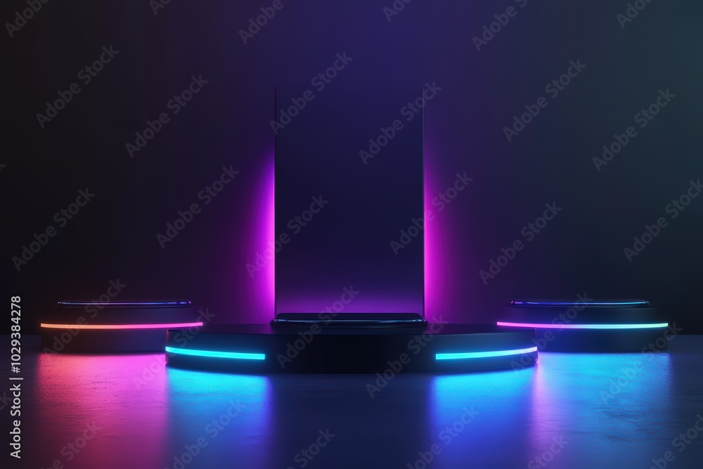 Poster futuristic display podium illuminated with dynamic neon lights, ideal for showcasing products and cr