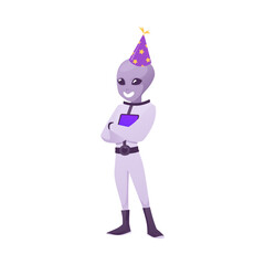 Friendly alien character in spacesuit and festive cone hat, vector cheerful humanoid, fantasy mutant astronaut UFO guest