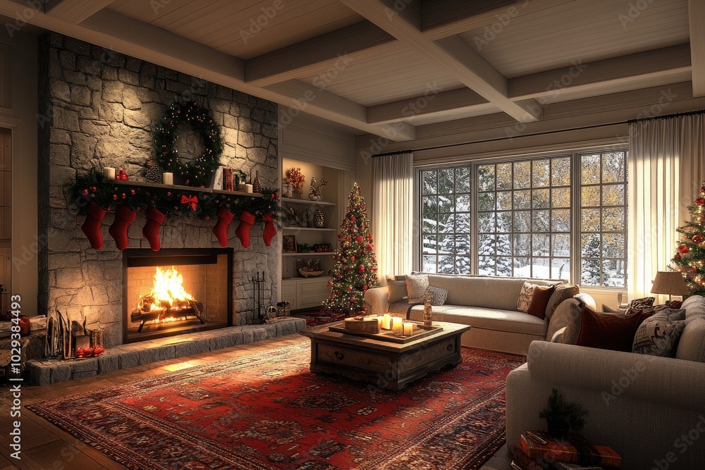 Wall mural holiday retreat: charming christmas room adorned with a glowing fireplace, stunning tree, delightful