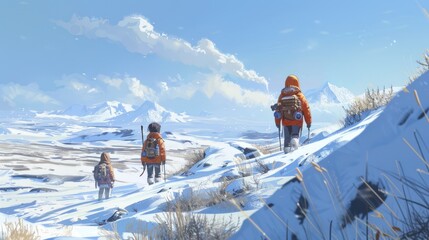 Three Hikers Ascend a Snowy Mountain Ridge