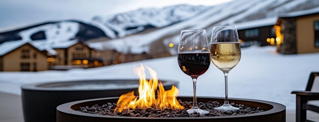Enjoying rosé and white wine by the fire pit at The Contour with snowy mountains and ski slopes in the background