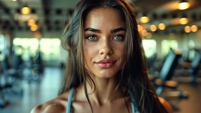 Portrait of a woman with a warm smile  in sport jim  with soft lighting