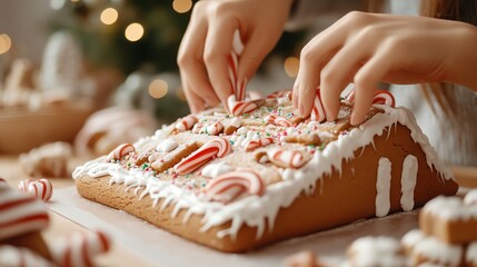 Close-up of hands decorating a gingerbread house with candy canes and frosting. Festive Christmas tradition.