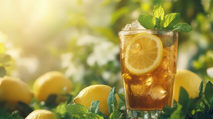 Refreshing iced tea with lemon and mint, perfect for a sunny day, surrounded by fresh lemons and greenery.