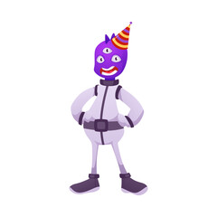 Friendly alien character in spacesuit and festive cone hat, vector cheerful humanoid fantasy mutant three eyes UFO guest