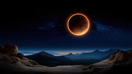 A luminous red eclipse casts an eerie glow over rocky mountains in a dark landscape, enhancing the mysterious and thrilling ambiance of the night sky