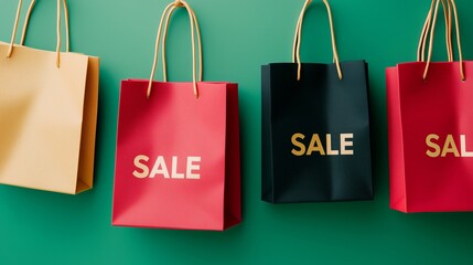 multiple shopping bags arranged in a grid pattern, featuring bright red, black, and gold bags with "SALE" written on the bags, on a sleek green background for Black Friday