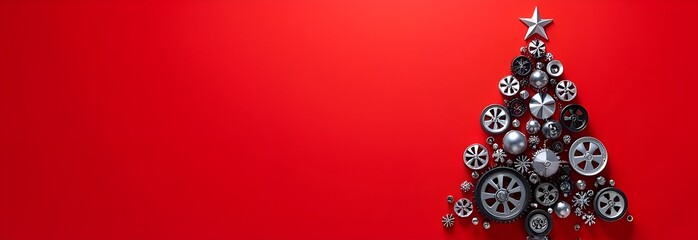 Christmas tree made of car engine parts on a red background, a unique combination of festi