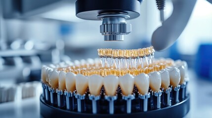 A dental manufacturing machine assembling prosthetic teeth in a lab setting.