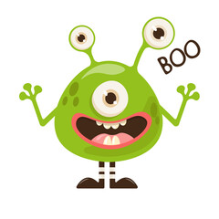 vector illustration in cartoon style, cute, good monster, green monster, halloween, children's illustration, character