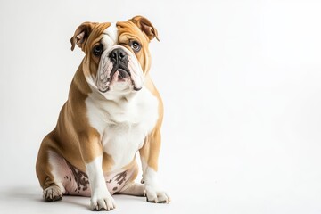Obraz premium A charming bulldog posing gracefully against a clean white background. Perfect for pet lovers and animal enthusiasts.