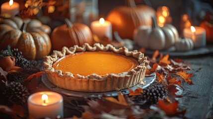 Close-up of a pumpkin pie on a rustic table, surrounded by autumn leaves and candles.