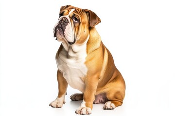 Obraz premium A charming bulldog sits gracefully against a white background, showcasing its distinct features and playful nature.