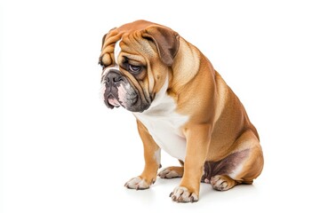 Obraz premium A charming bulldog sitting elegantly against a white background, showcasing its unique features and playful personality.