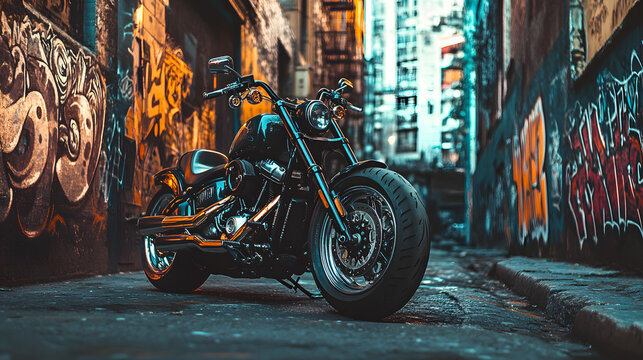 A custom bobber motorcycle parked in a gritty urban alleyway with graffiti-covered walls surrounding it.