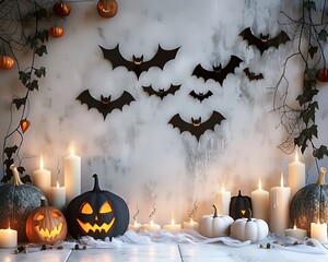 Gothic-style Halloween setup with candles, pumpkins, and bats on wall, perfect for photo backdrops.