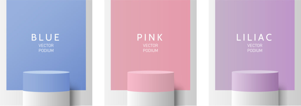 Set of cobal, liliac, pink and white realistic 3D cylinder stand or podium with colorful rectangle scene. Abstract minimal scene for products showcase, Stage promotion display. Vector geometric forms.