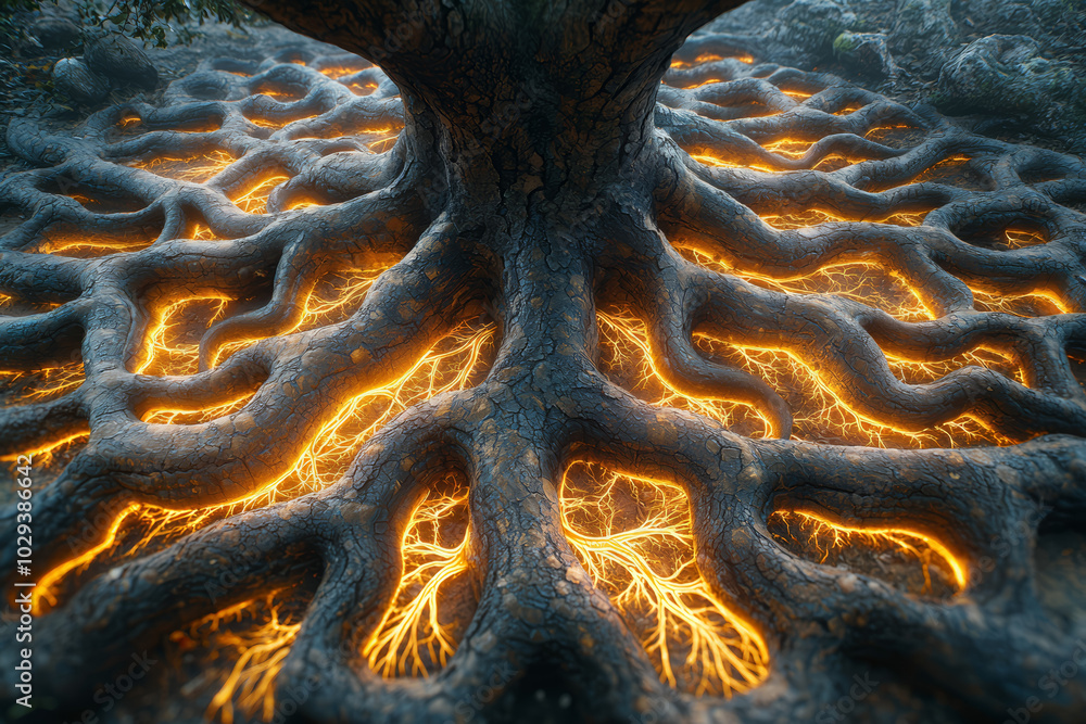 Poster a tree with roots shaped like nerves, illustrating the interconnectedness of the nervous system and 
