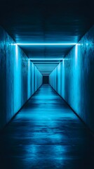 A long corridor with blue neon lights, a minimalist style, a concrete floor and walls, a symmetrical composition