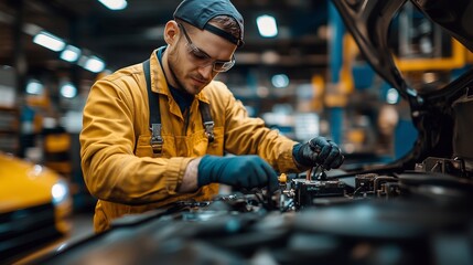 A mechanic working under the hood of a car in an auto repair shop in a auto repair shop, garage